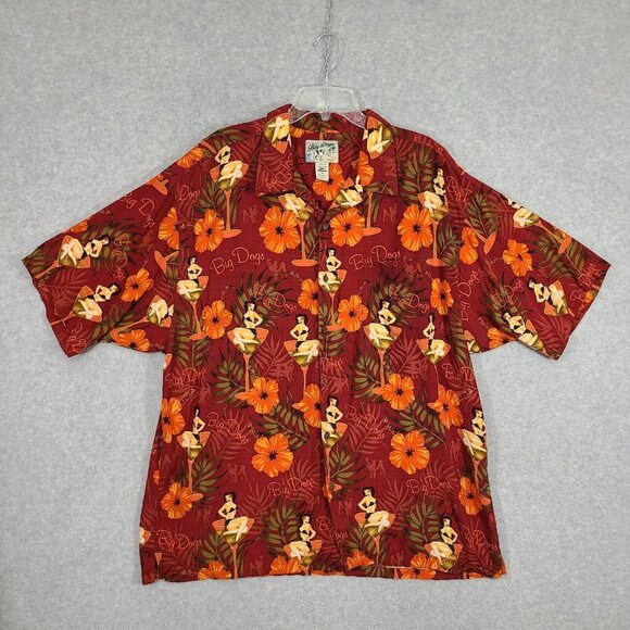 Big Dogs Men's Hawaiian Shirt Short Sleeve 2X Red Hibiscus Martini Bikini Babe - Picture 1 of 7